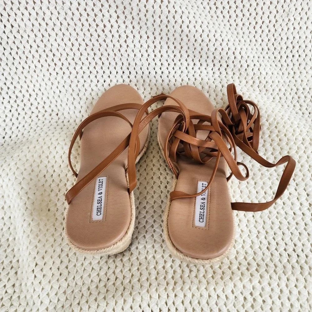 Chelsea and Violet Mariah Brown‎ Wrap Espadrille Sandals Women's Size9